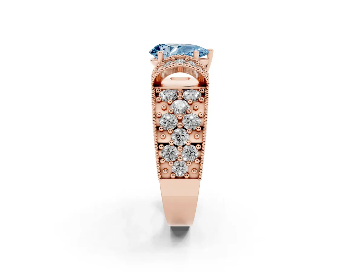 Fancy Blue Pear Cut Halo Pave Diamond Engagement Ring with Milgrain Detailing Rose gold