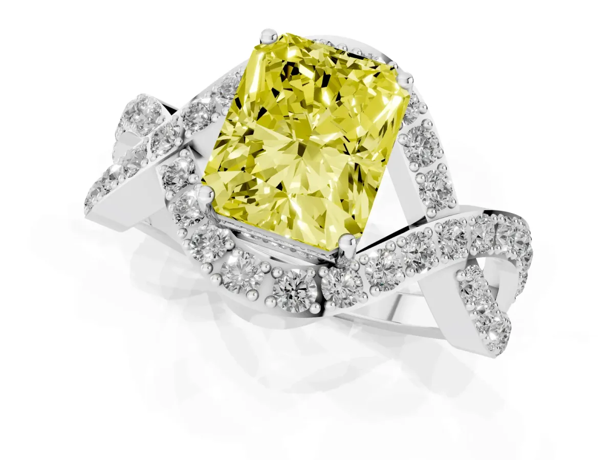 Fancy Yellow Radiant Cut Solitaire Twist Band Pavé Diamond Engagement Ring White gold