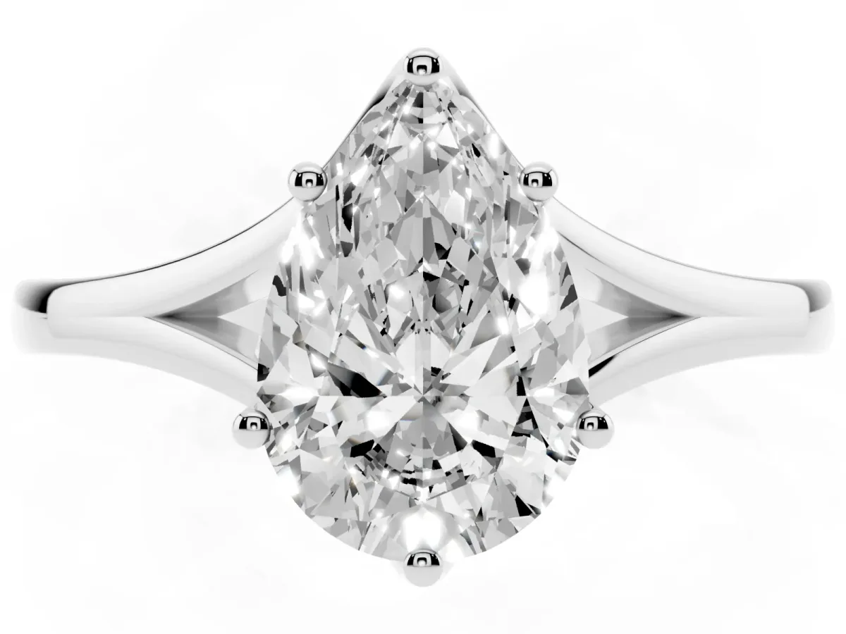 Pear Cut Solitaire Diamond Ring with Six-Prong Setting and Tapered Band Platinum