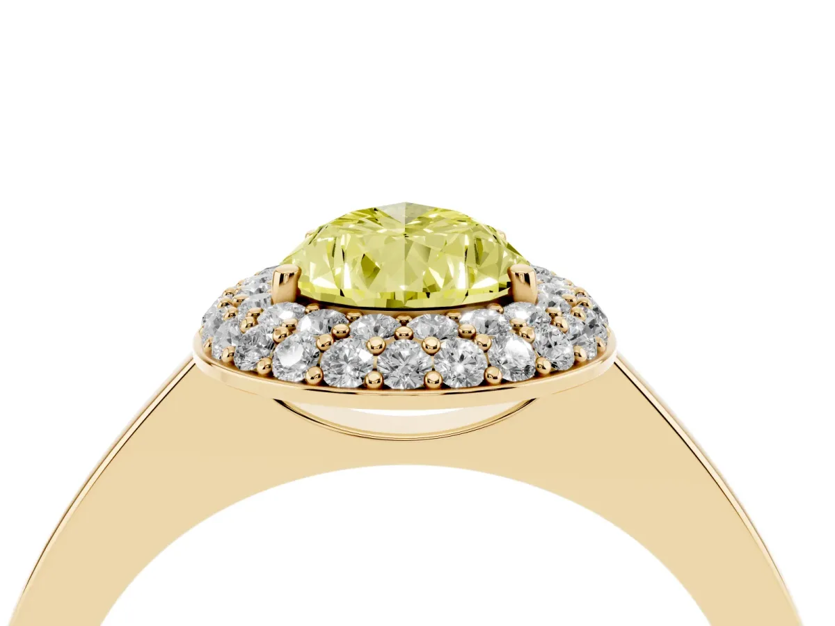 Fancy Yellow Pear Cut Halo Diamond Engagement Ring with Solitaire Band and Four-Prong Setting Yellow gold