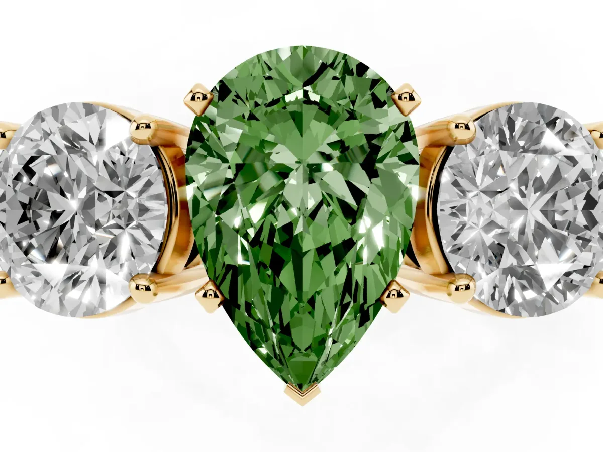 Fancy Green Three-Stone Pear Cut Diamond Ring with Round Side Stones, Classic Band, and Four-Prong Setting Yellow gold