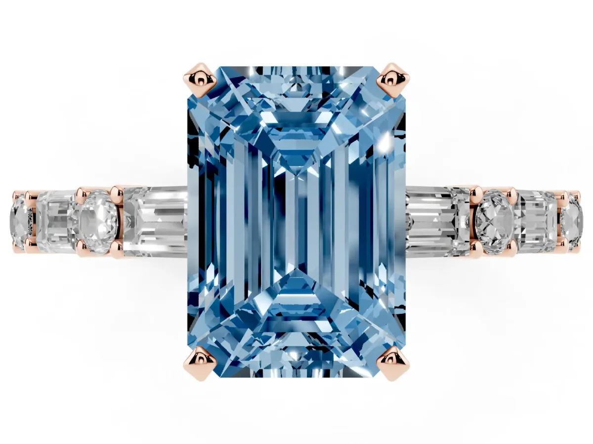 Fancy Blue Emerald Cut Diamond Solitaire with Side Baguettes and Channel Set Band Rose gold