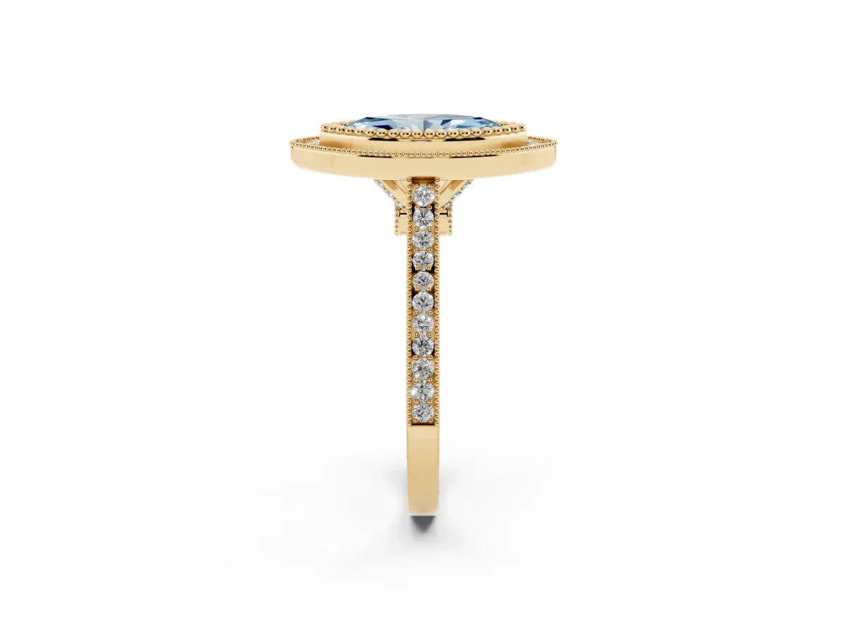 Fancy Blue Marquise Cut Diamond Halo Ring with Milgrain Frame and Pavé Band Yellow gold