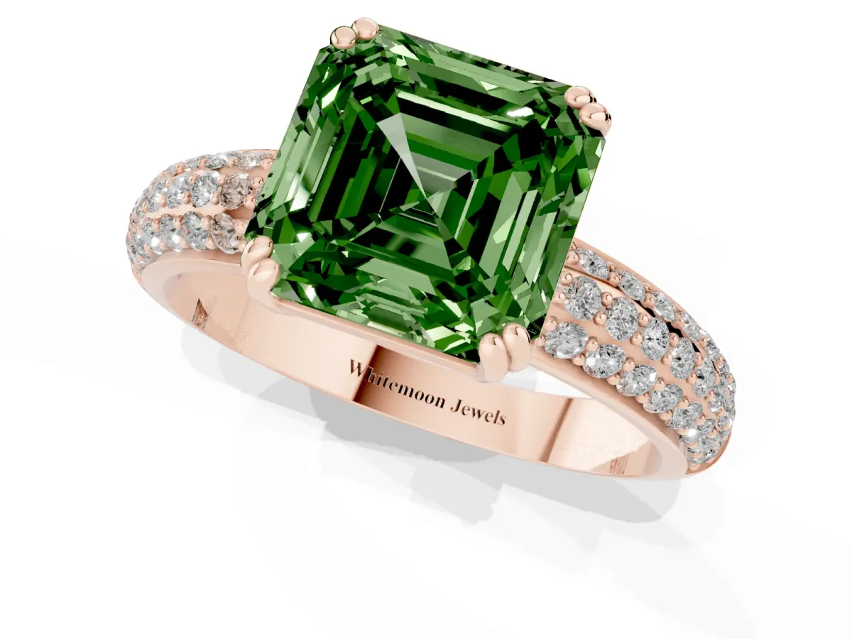 Fancy Green Asscher Cut Diamond Solitaire Ring with Multi-Row Round Pavé Band and Prong Setting Rose gold