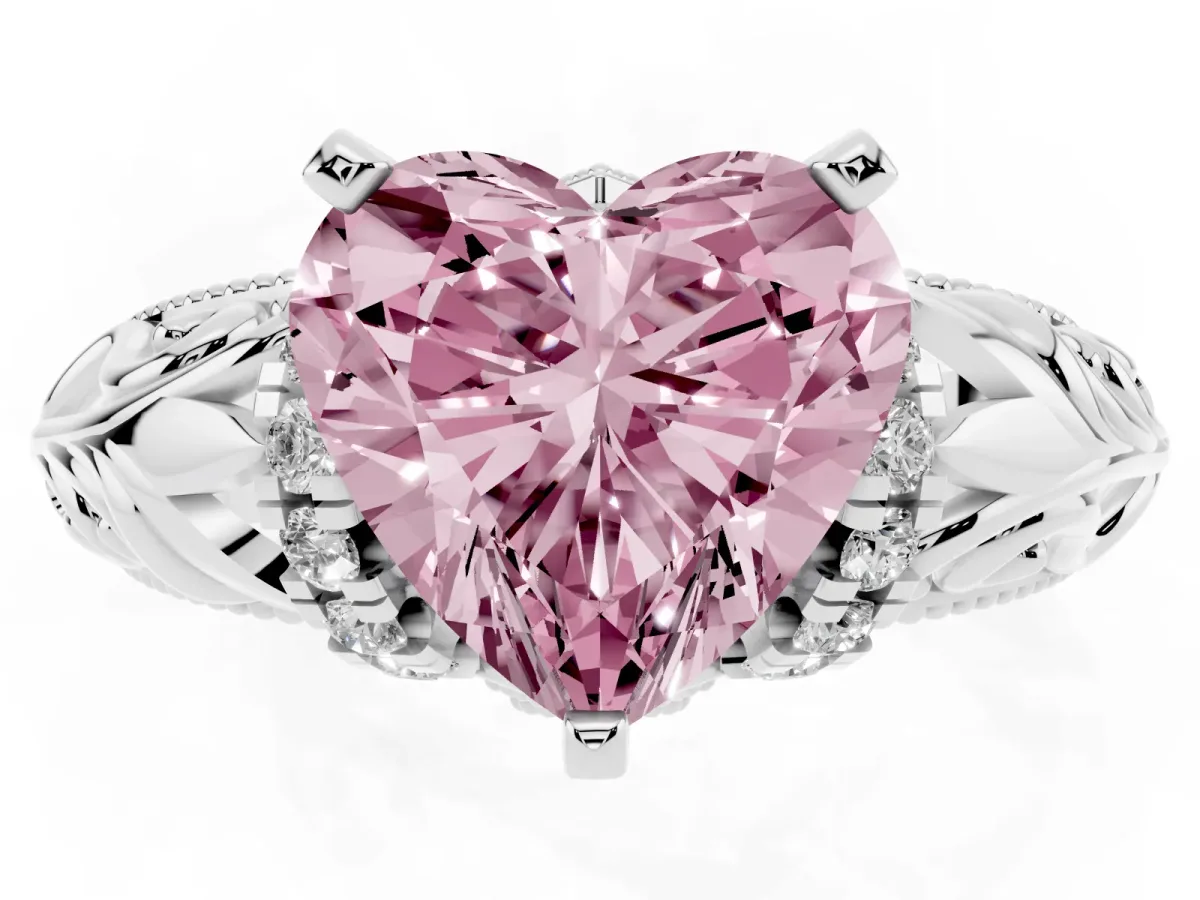 Fancy Pink Heart Cut Solitaire Filigree Engagement Ring with Halo and Prong Setting Platinum