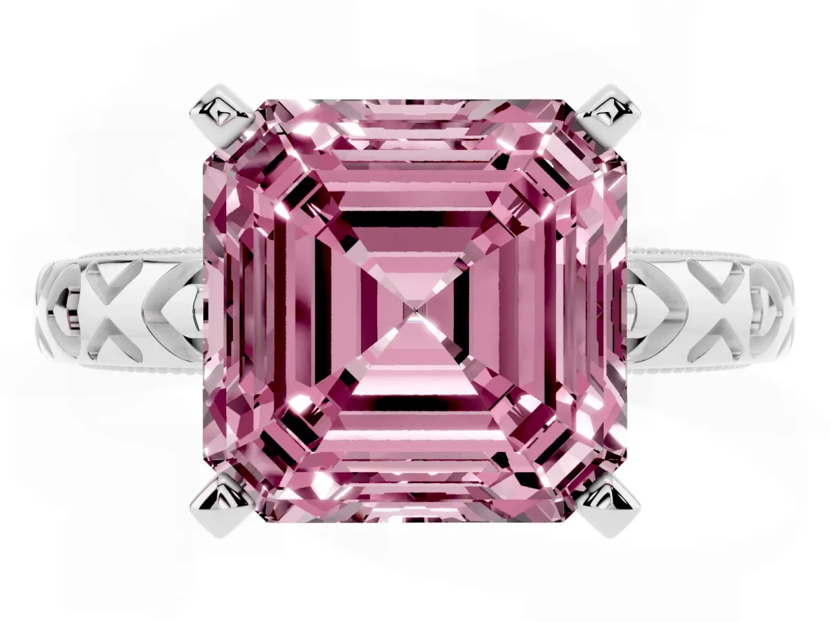 Fancy Pink Asscher Cut Solitaire Diamond Engagement Ring with XO Engraved Band and Four-Prong Setting Platinum