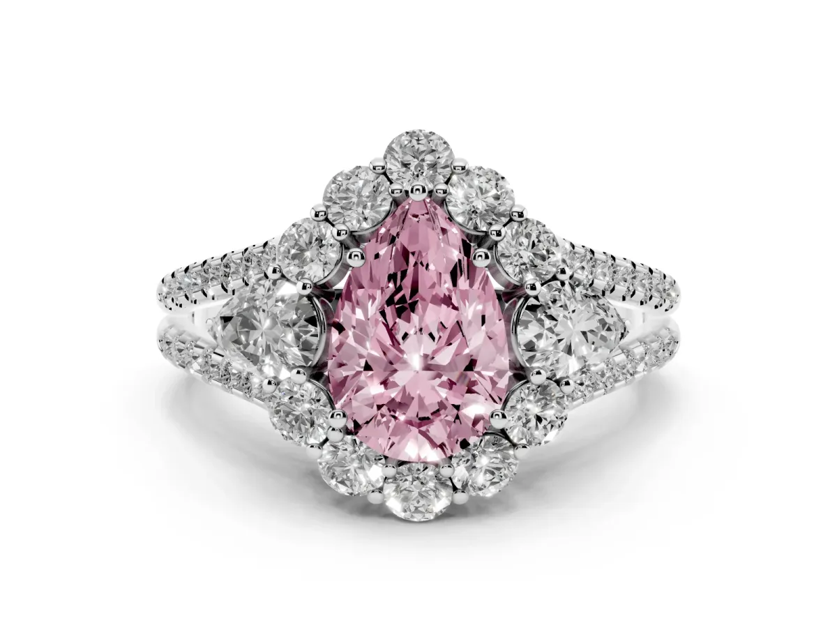 Fancy Pink Pear Cut Halo Split Shank Diamond Engagement Ring with Prong Setting Platinum