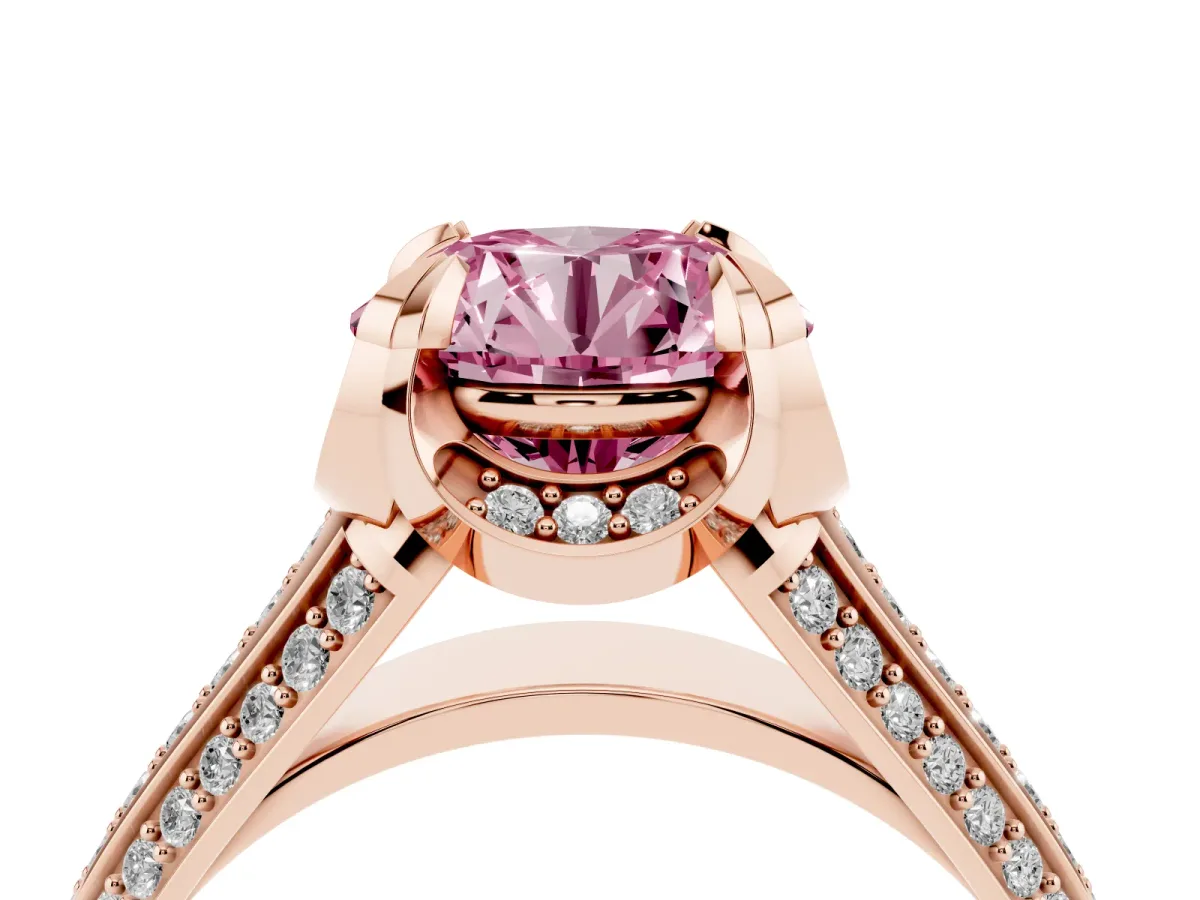 Fancy Pink Round Cut Solitaire Pave Split Shank Ring with Four-Prong Setting Rose gold