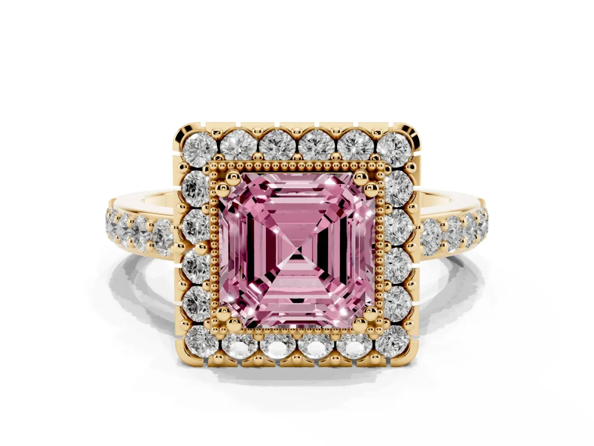 Fancy Pink Asscher Cut Diamond Halo Ring with Pavé Band and Prong Setting Yellow gold