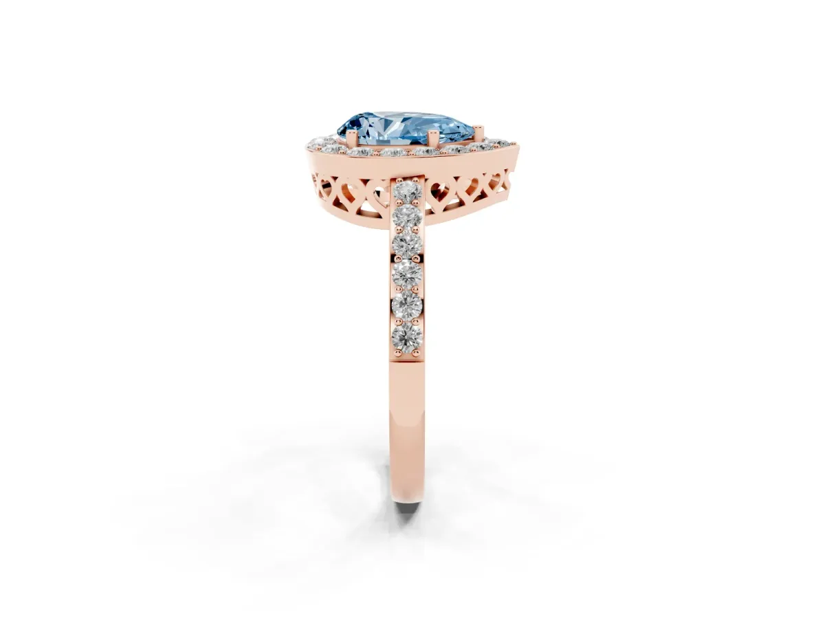 Fancy Blue Pear Cut Halo Diamond Pavé Band Ring with Prong Setting Rose gold