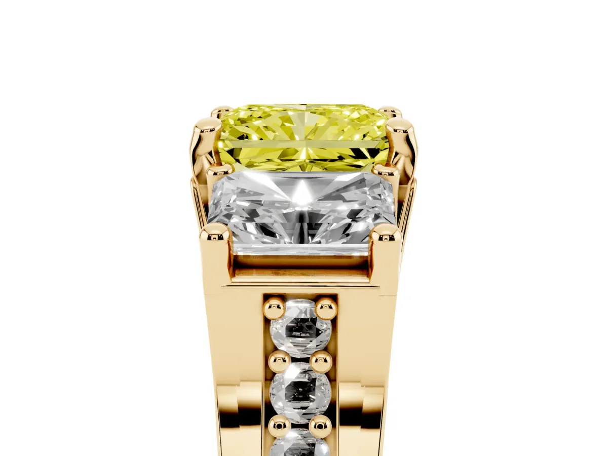 Fancy Yellow Radiant Cut Diamond Three-Stone Ring with Channel Set Band and Four-Prong Setting Yellow gold