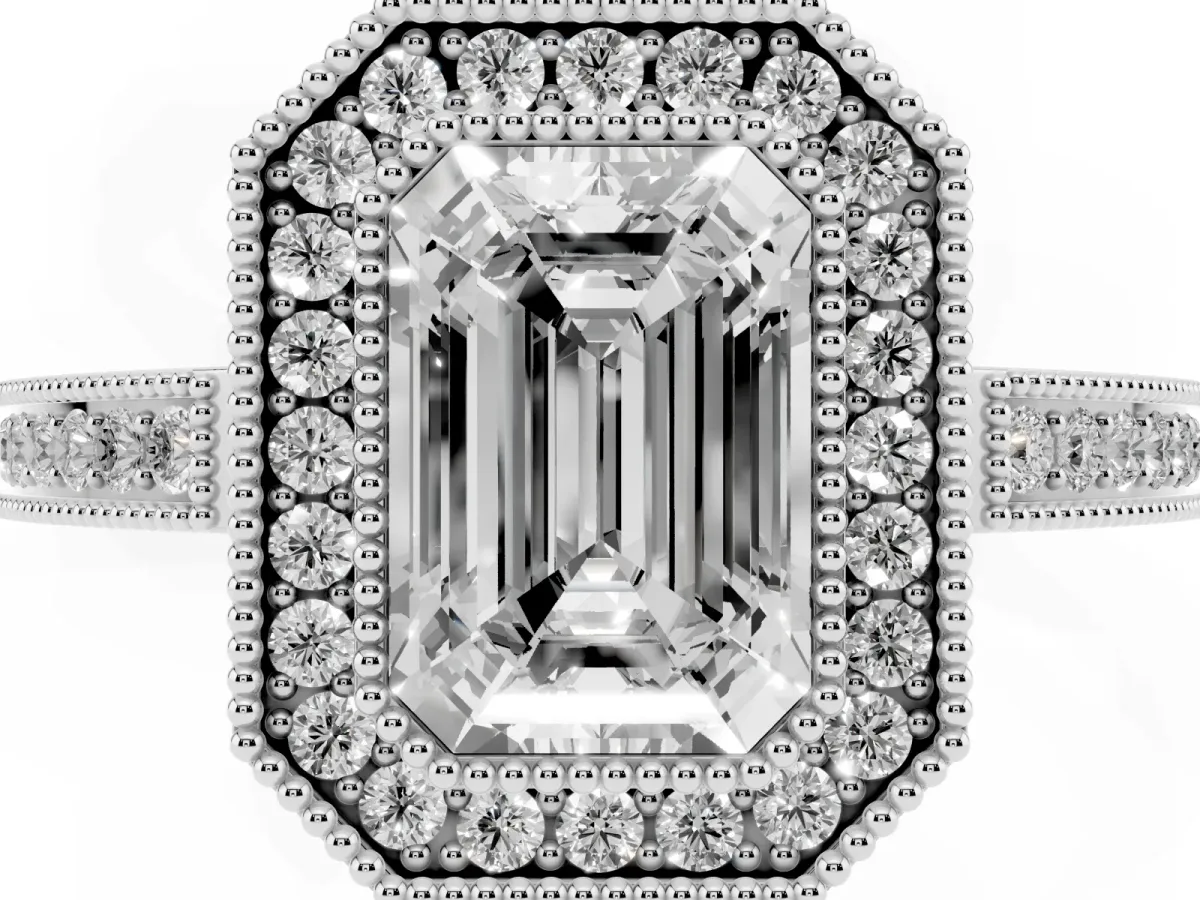 Emerald Cut Cut Halo Diamond Ring with Pavé Band and Milgrain Prong Setting Silver