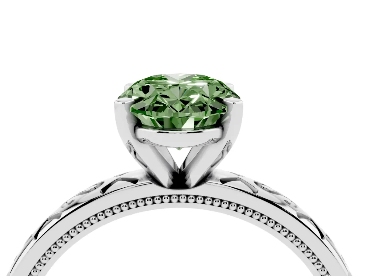 Fancy Green Oval Cut Solitaire Engagement Ring with Scrollwork Band and Four-Prong Setting White gold