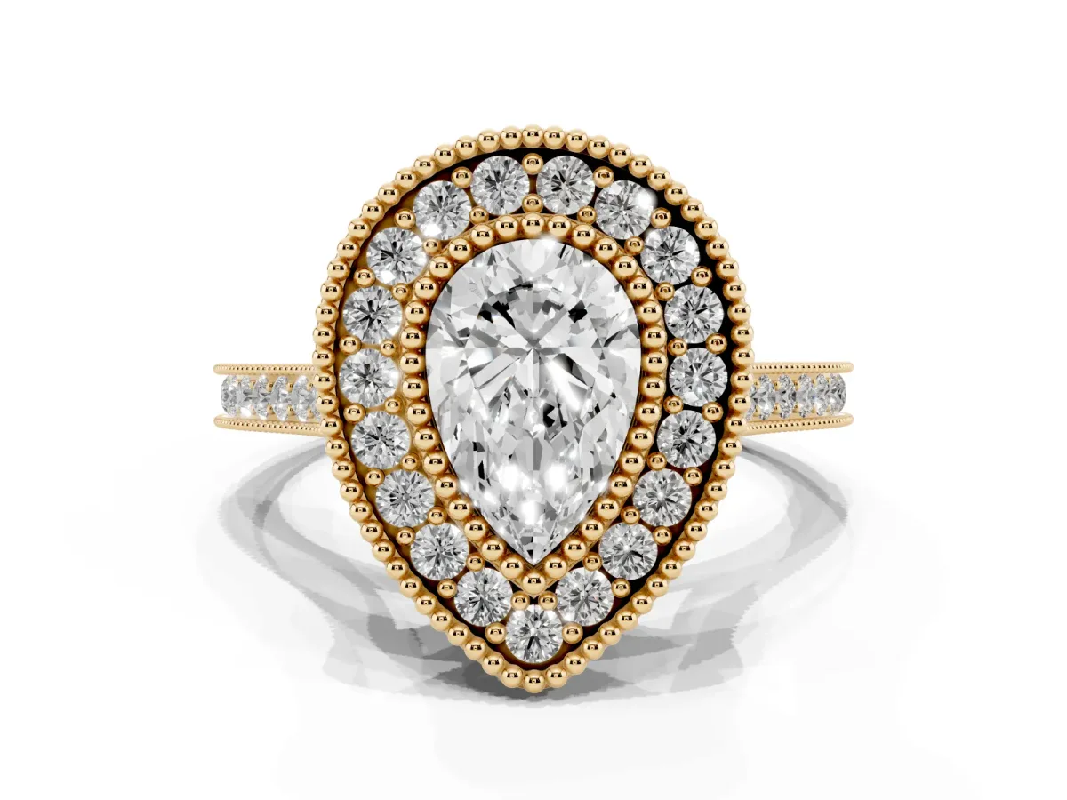 Pear Cut Diamond Halo Ring with Milgrain Frame and Pavé Band Yellow gold