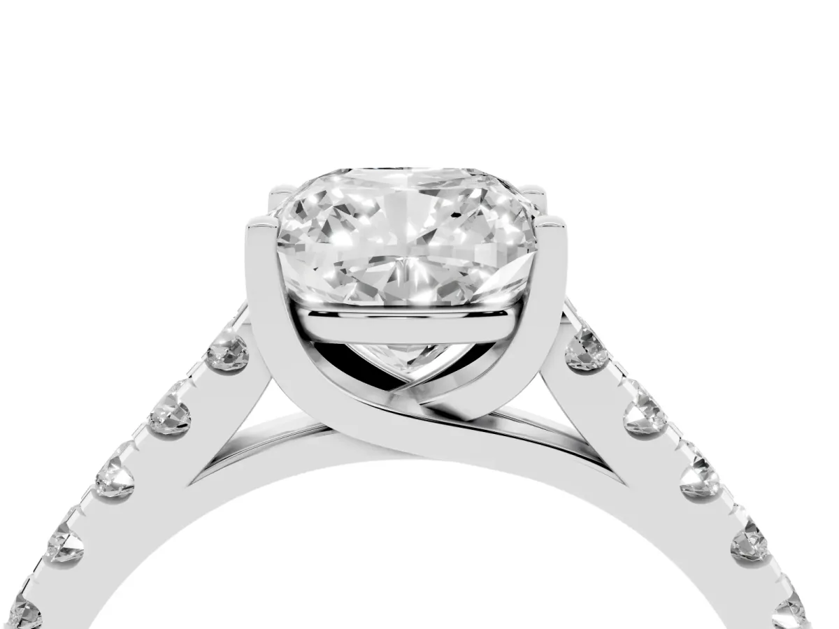 Cushion Cut Diamond Pavé Band Solitaire Ring with Prong Setting Platinum