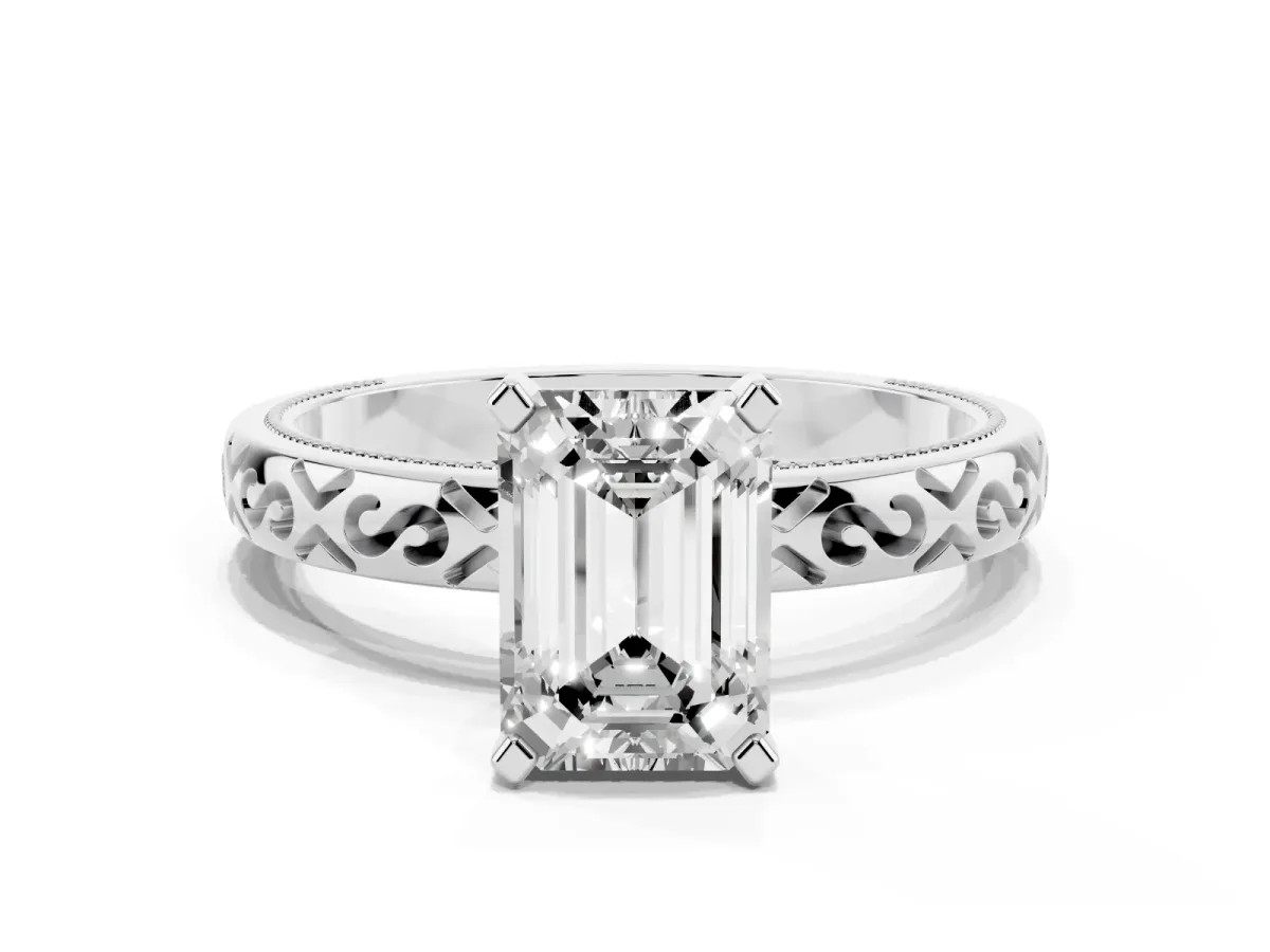 Emerald Cut Solitaire Engagement Ring with Scrollwork Band and Four-Prong Setting Platinum