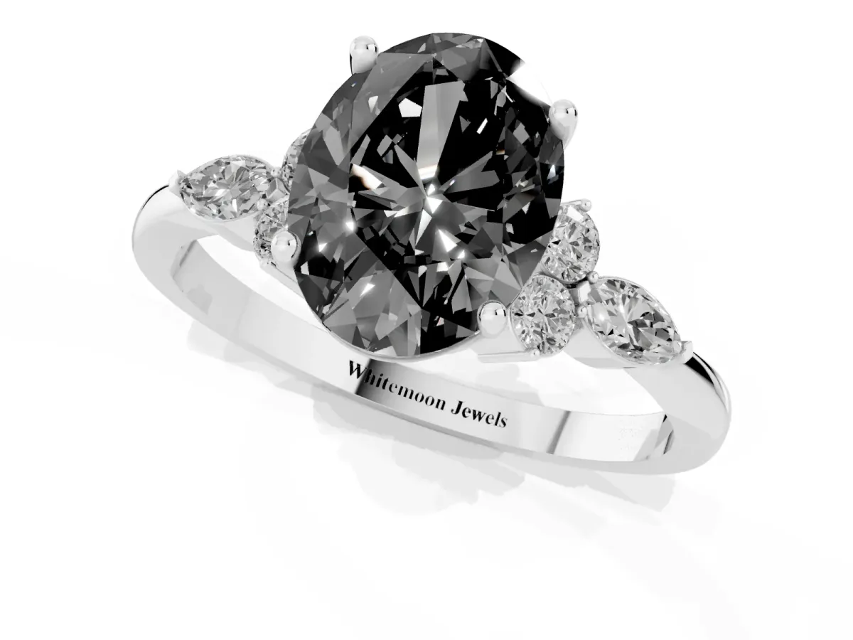 Fancy Black Oval Cut Brilliant Diamond Solitaire Ring with Pear Side Stones and Four-Prong Setting Silver