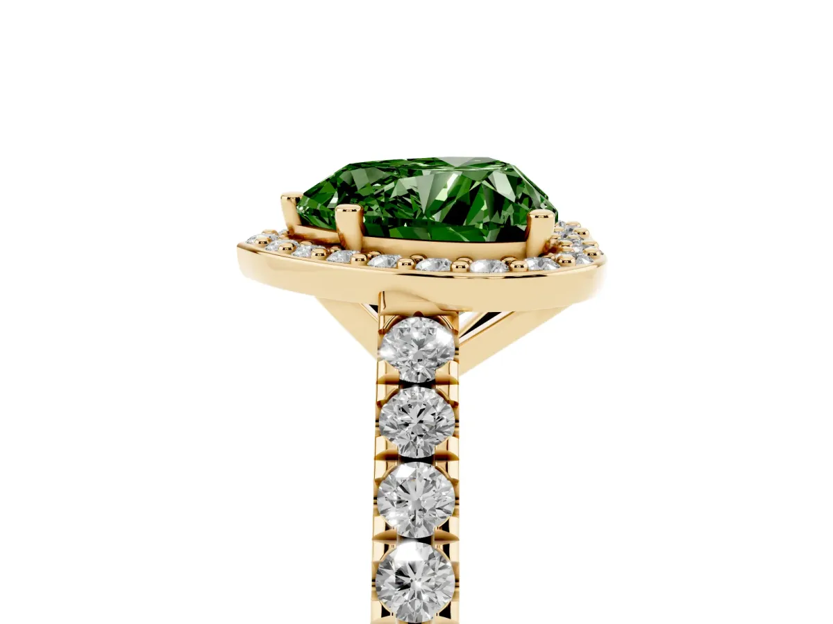 Fancy Green Heart Cut Cut Halo Diamond Engagement Ring with Pave Band and Four-Prong Setting Yellow gold