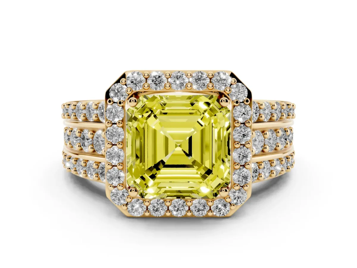 Fancy Yellow Asscher Cut Halo Diamond Ring with Round Split Shank and Prong Setting Yellow gold
