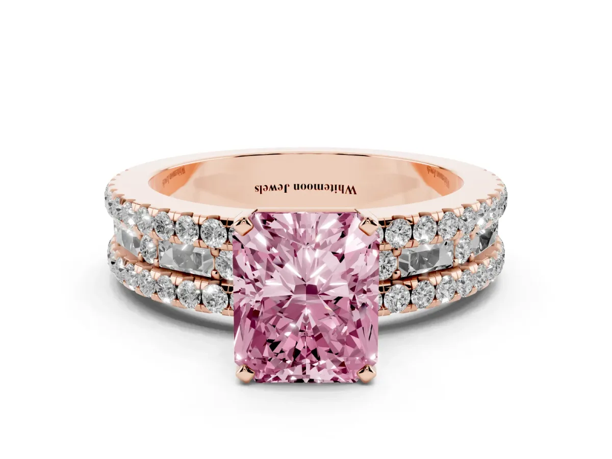 Fancy Pink Radiant Cut Diamond Solitaire Ring with Pavé and Channel Set Band Rose gold