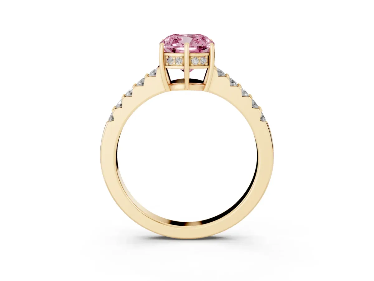 Fancy Pink Cushion Cut Solitaire Diamond Engagement Ring with Pavé Band and Six-Prong Setting Yellow gold