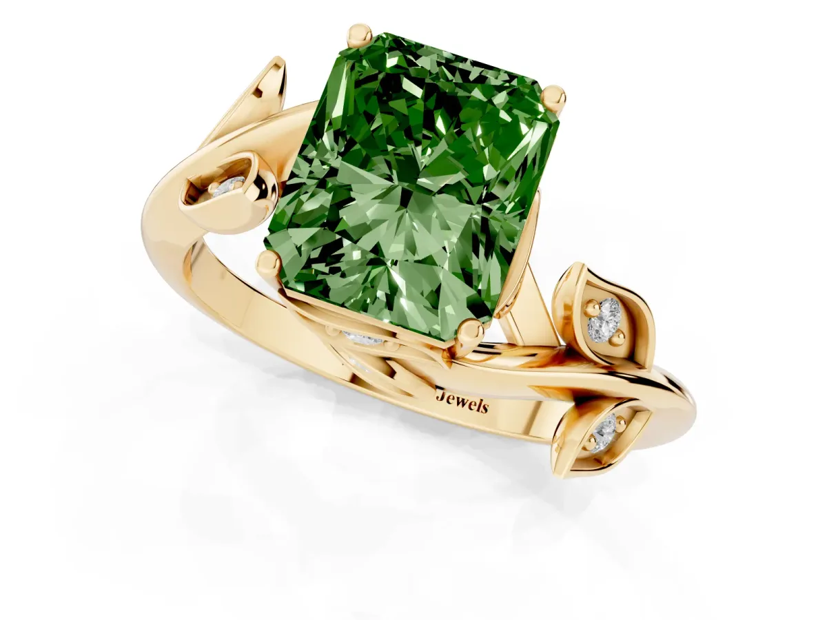 Fancy Green Radiant Cut Solitaire Twist Engagement Ring with Leaf Accents and Prong Setting Yellow gold