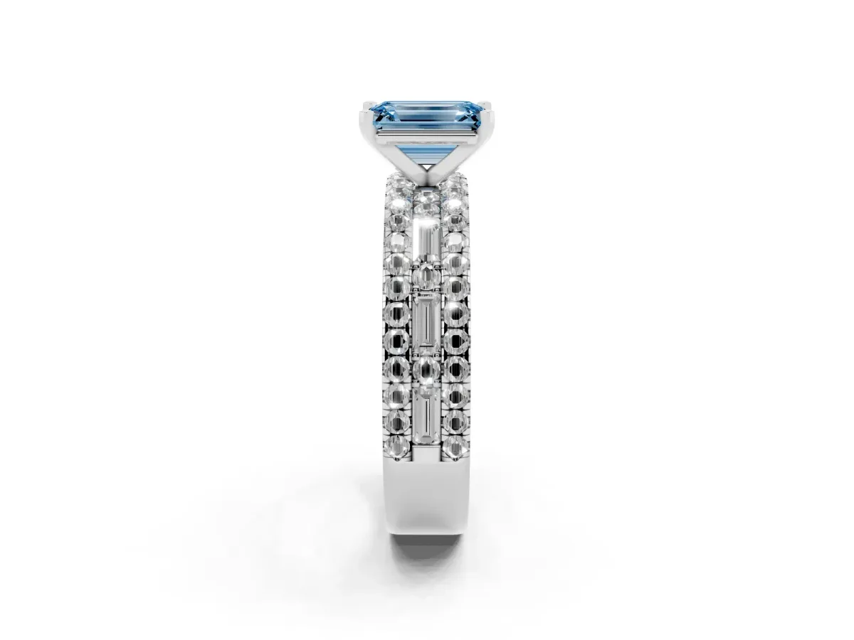 Fancy Blue Emerald Cut Diamond Solitaire Ring with Pavé and Channel Set Band Platinum