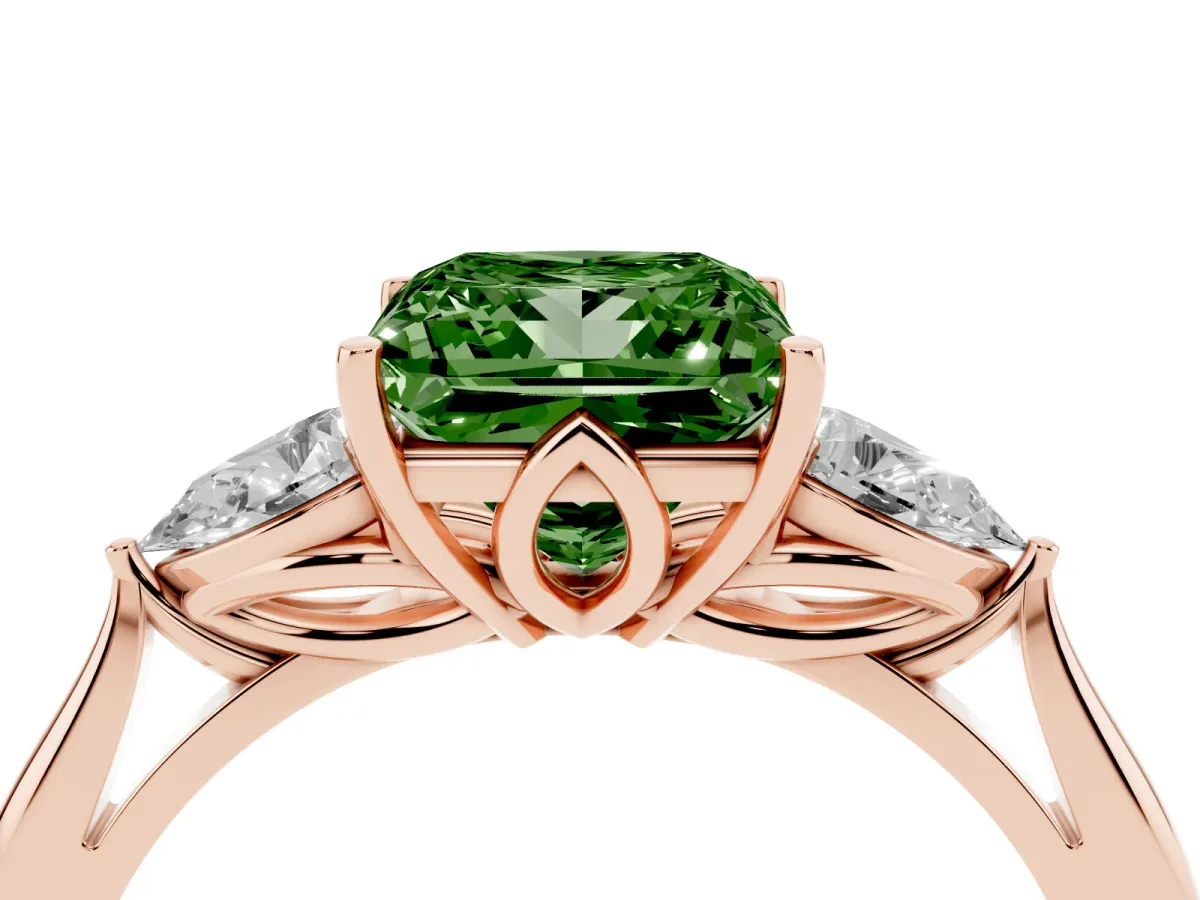 Fancy Green Princess Cut Diamond Three-Stone Ring with Pear Side Stones and Prong Setting Rose gold