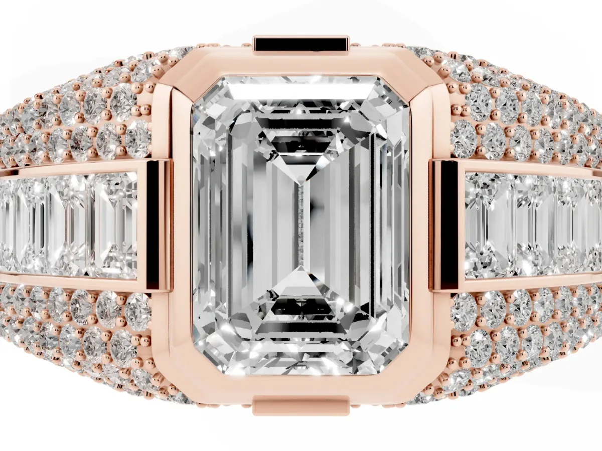 Emerald Cut Diamond Mens Ring with Side Stones Rose gold
