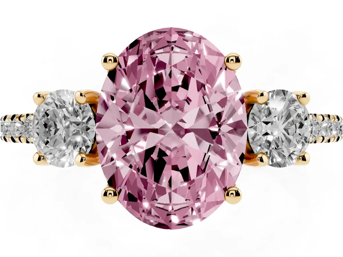 Fancy Pink Three-Stone Oval Cut Cut Diamond Pavé Band with Prong Setting Yellow gold