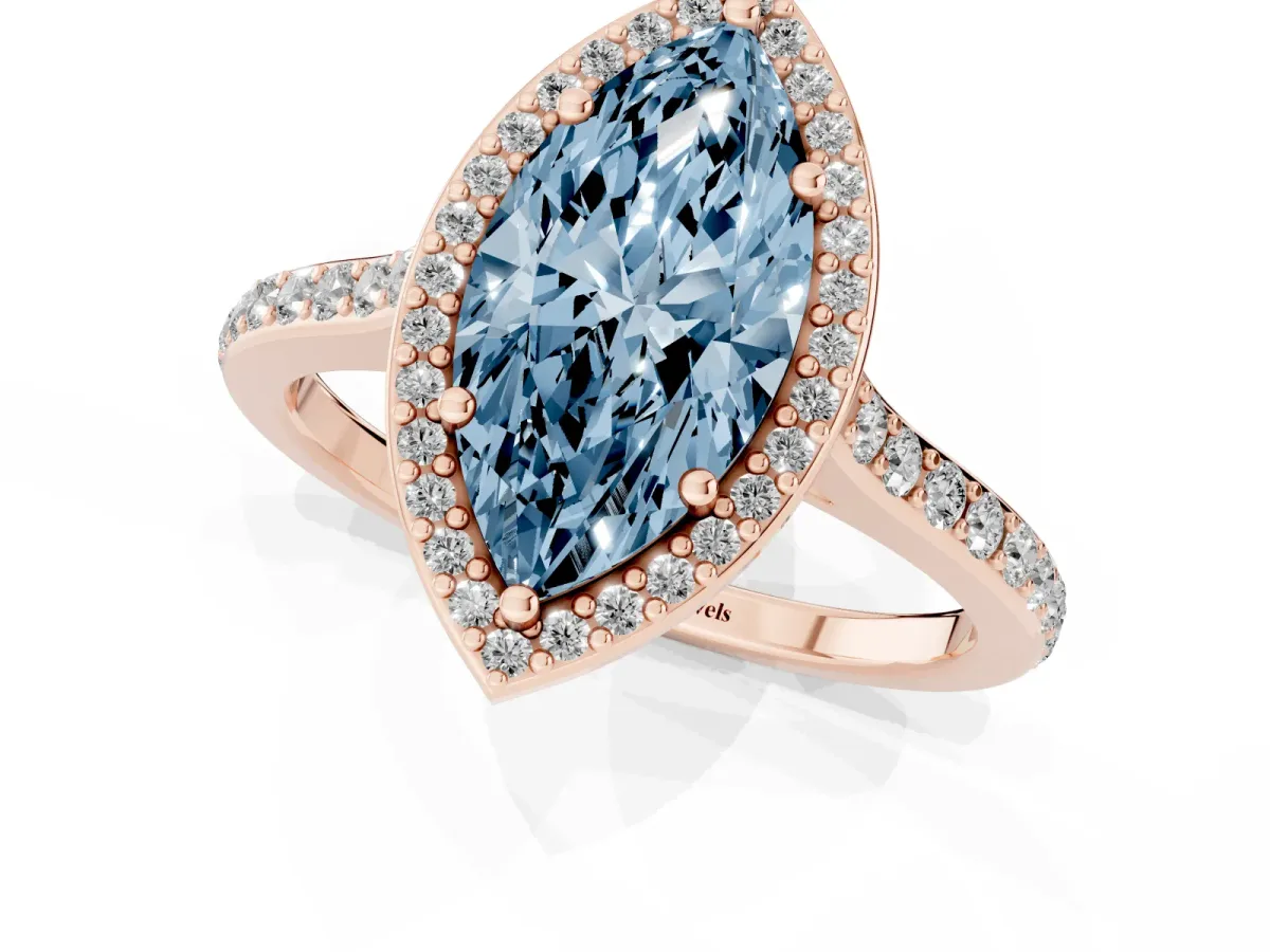 Fancy Blue Marquise Cut Diamond Halo Engagement Ring with Round Pavé Shoulders and Prong Setting Rose gold