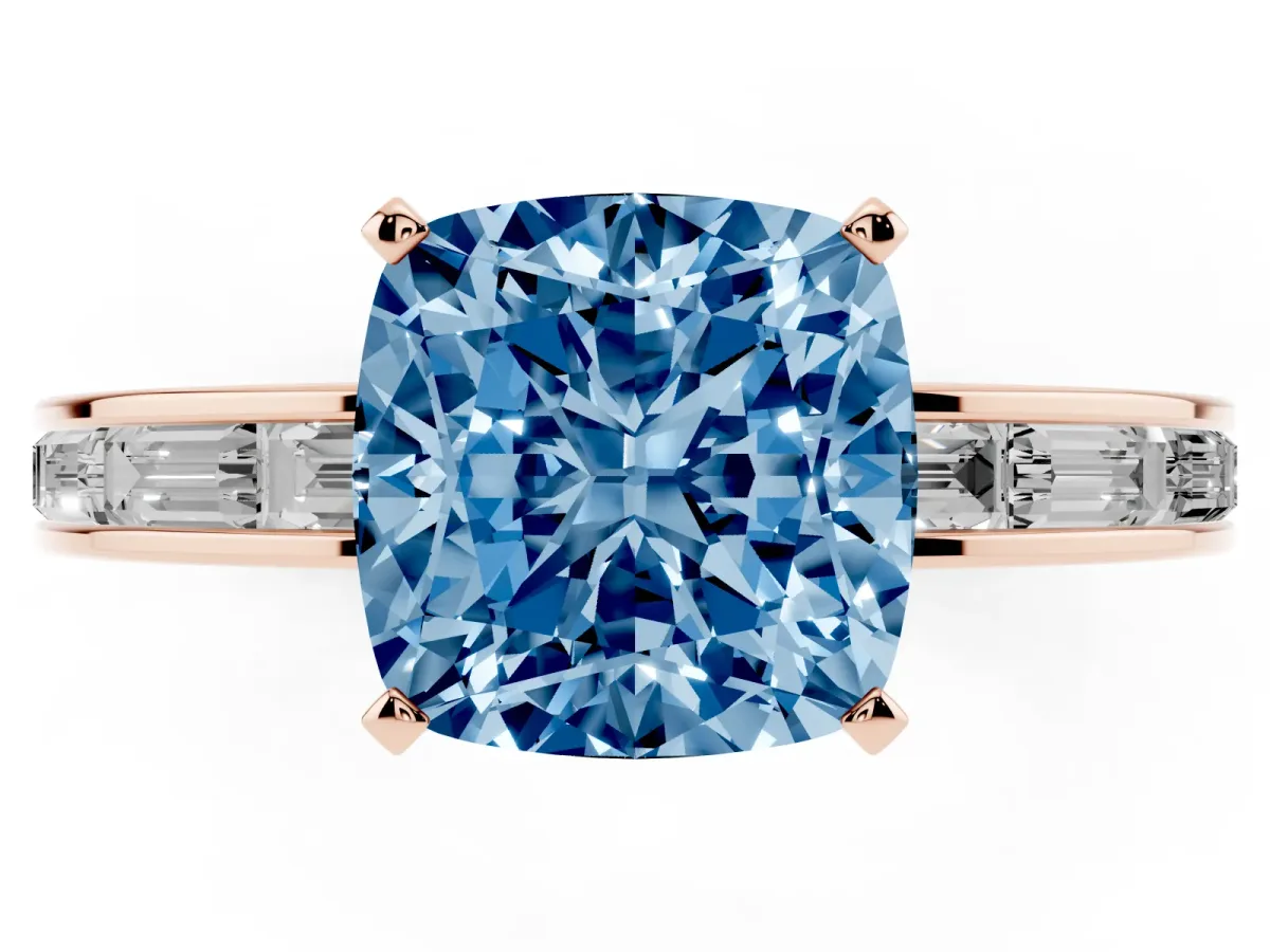 Fancy Blue Cushion Cut Solitaire Diamond Ring with Channel-Set Baguette Band and Four-Prong Setting Rose gold