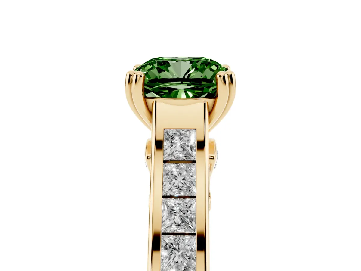 Fancy Green Cushion Cut Cut Channel Set Solitaire Engagement Ring with Prong Setting Yellow gold