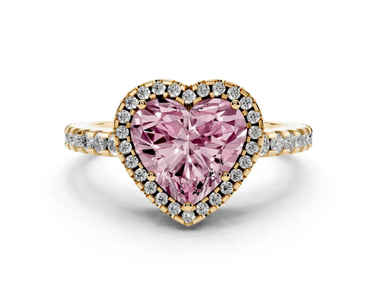 Fancy Pink Heart Cut Diamond Halo Engagement Ring with Pavé Band and Prong Setting Yellow gold