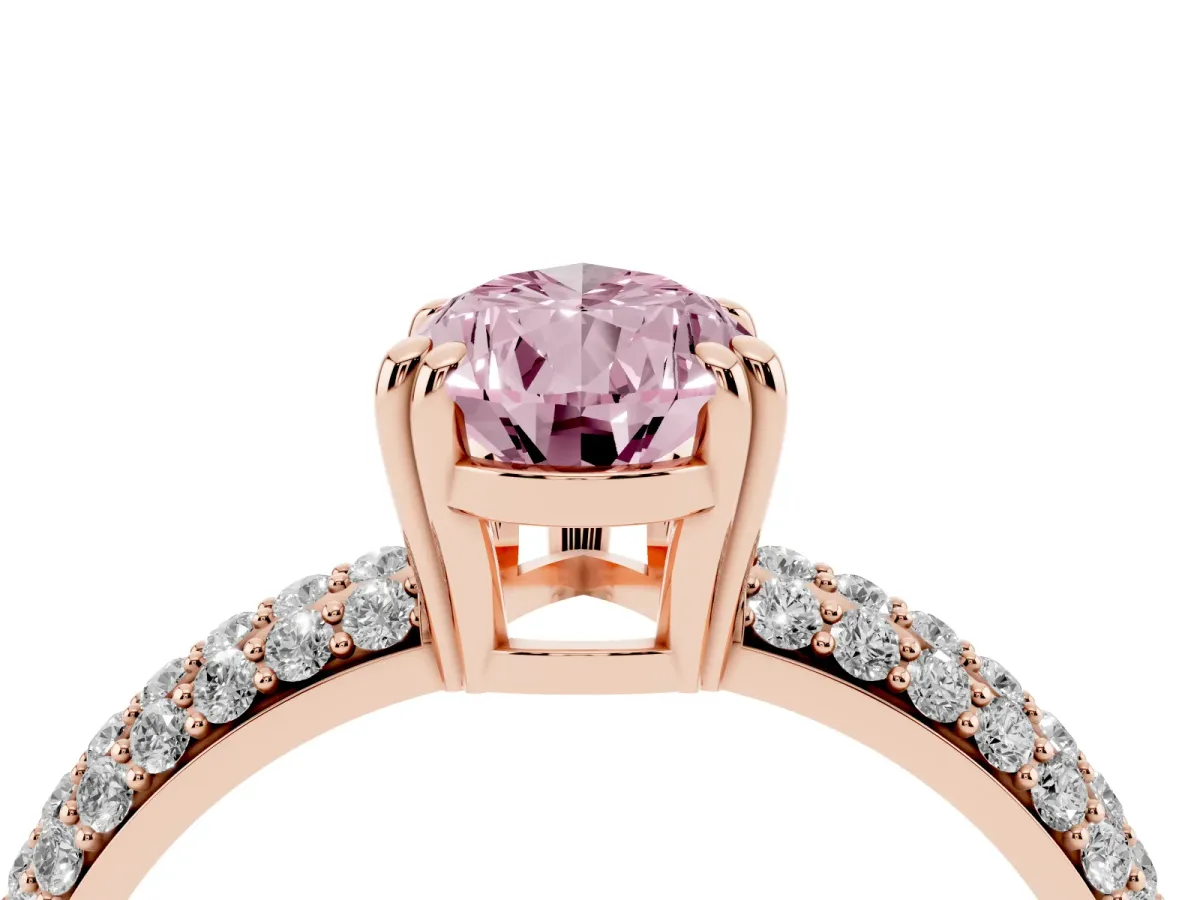 Fancy Pink Pear Cut Diamond Solitaire Ring with Multi-Row Round Pavé Band and Prong Setting Rose gold