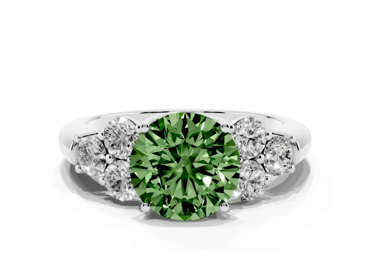 Fancy Green Round Cut Cut Diamond Cluster Ring with Round Accent Stones and Prong Setting on a Classic Band Silver