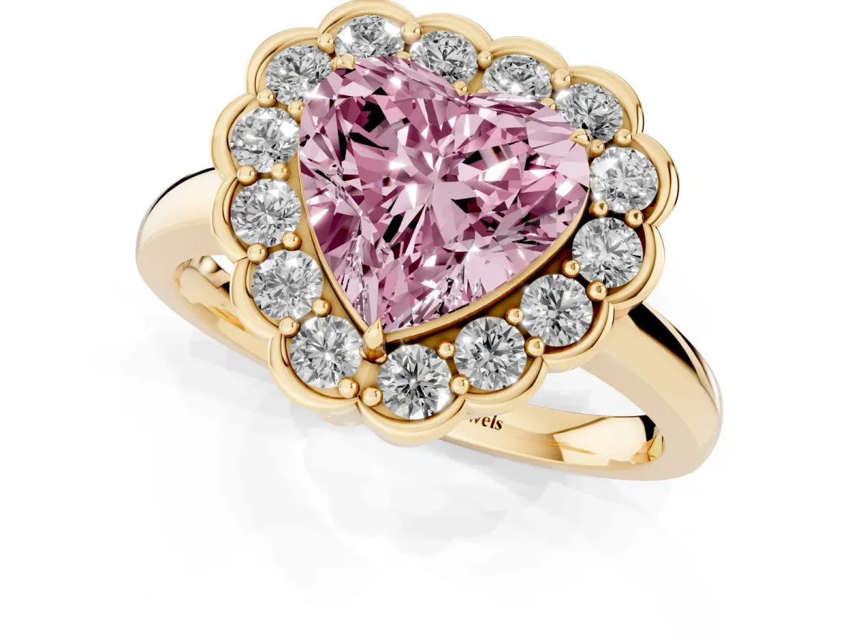 Fancy Pink Heart Cut Halo Cluster Diamond Engagement Ring with Solitaire Band and Prong Setting Yellow gold