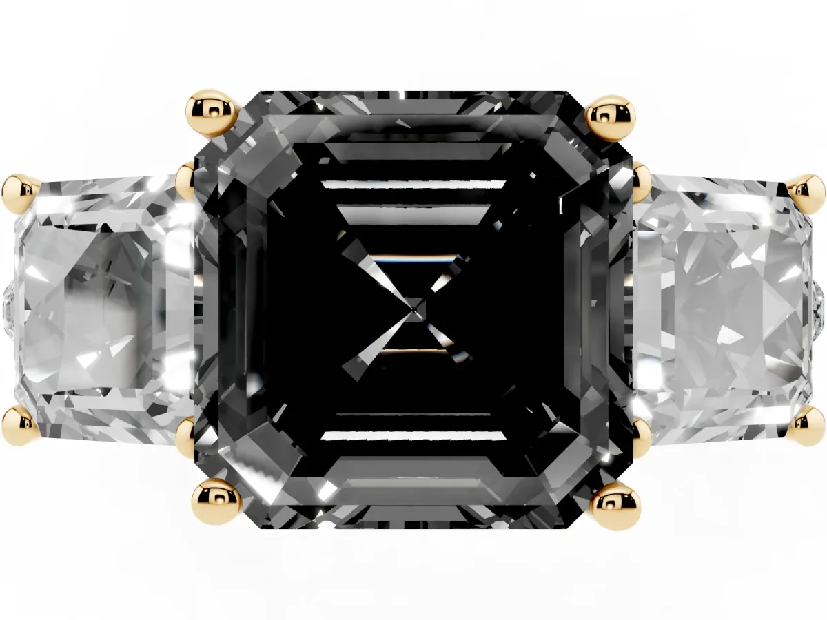Fancy Black Three-Stone Asscher Cut Diamond Ring with Round Pavé Band and Prong Setting Yellow gold