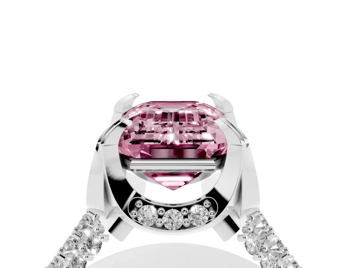 Fancy Pink Emerald Cut Solitaire Pave Split Shank Ring with Four-Prong Setting Silver