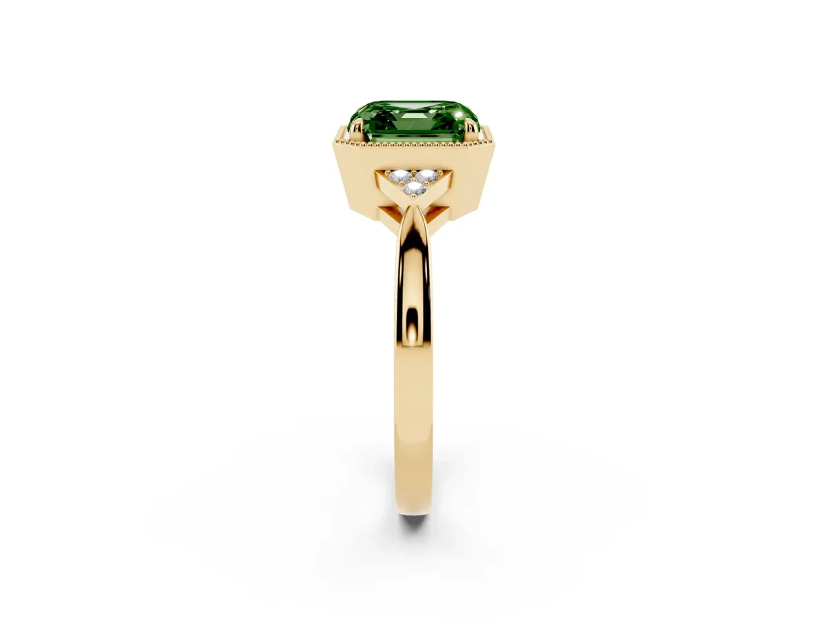 Fancy Green Hexagonal Halo Asscher Cut Diamond Solitaire with Pavé Band and Four-Prong Setting Yellow gold