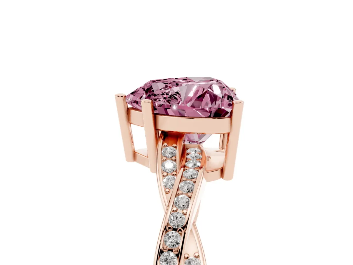 Fancy Pink Heart Cut Solitaire Twisted Pave Diamond Ring with Four-Prong Setting Rose gold
