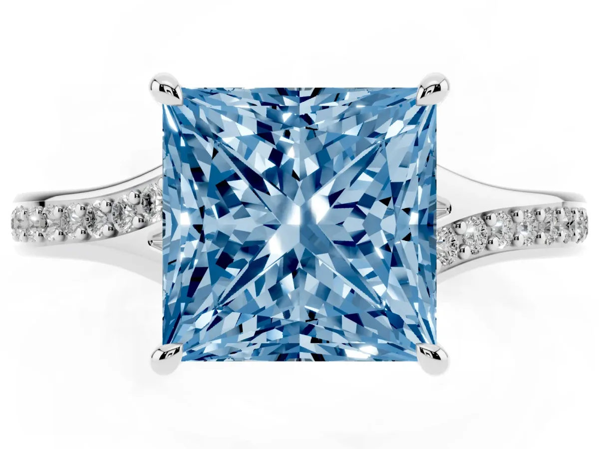 Fancy Blue Princess Cut Diamond Solitaire Ring with Pavé Band and Prong Setting Silver