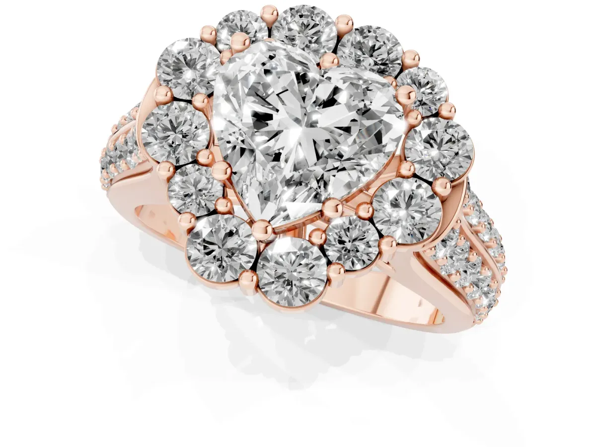 Heart Cut Halo Diamond Engagement Ring with Split Shank and Prong Setting Rose gold