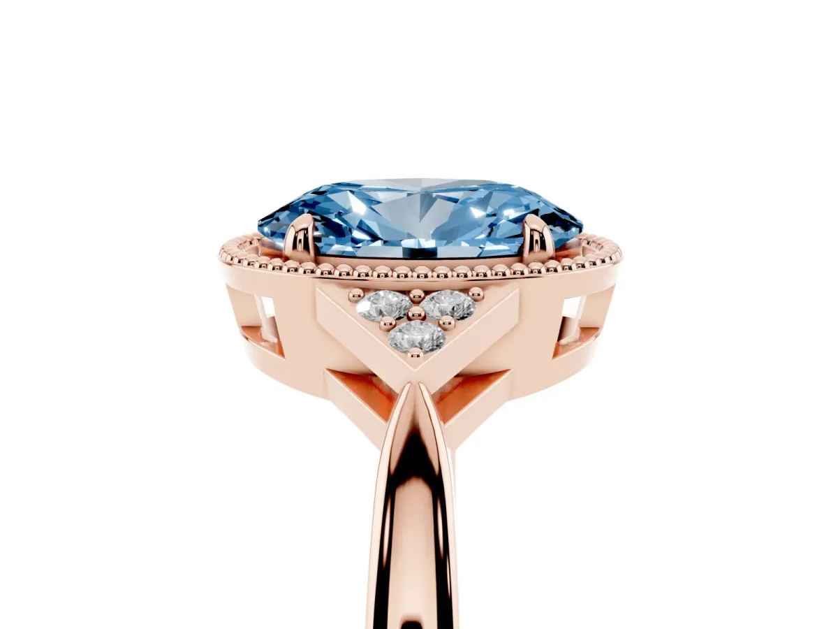 Fancy Blue Oval Cut Diamond Halo Ring with Tapered Band and Four-Prong Setting Rose gold