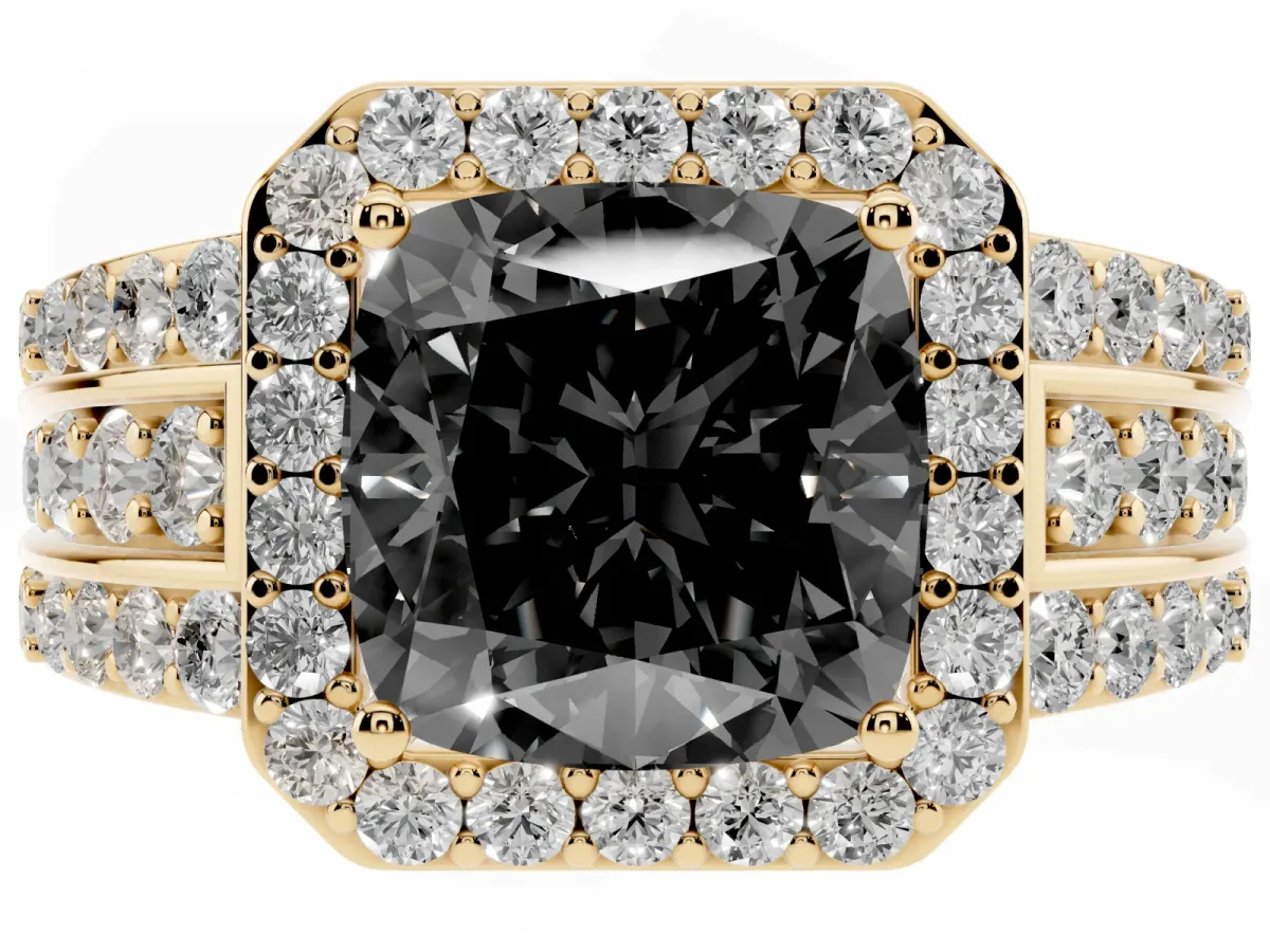 Fancy Black Cushion Cut Halo Diamond Ring with Round Split Shank and Prong Setting Yellow gold