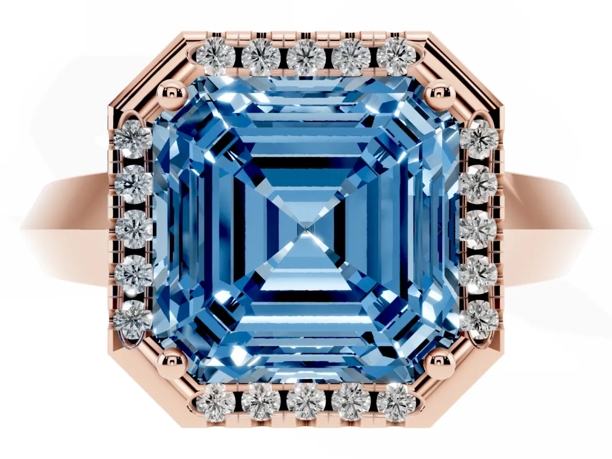 Fancy Blue Asscher Cut Halo Diamond Ring with Cathedral Band and Four-Prong Setting Rose gold