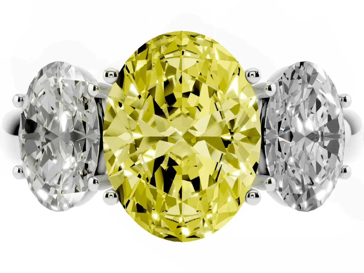 Fancy Yellow Oval Cut Diamond Three-Stone Ring with Four-Prong Setting and Classic Band Silver