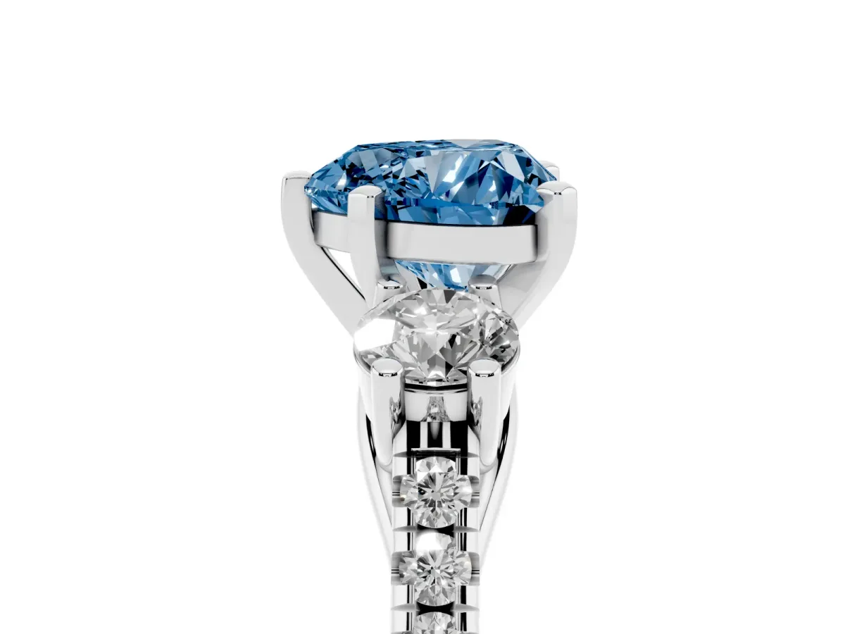 Fancy Blue Three-Stone Heart Cut Diamond Pavé Band with Four-Prong Setting Silver