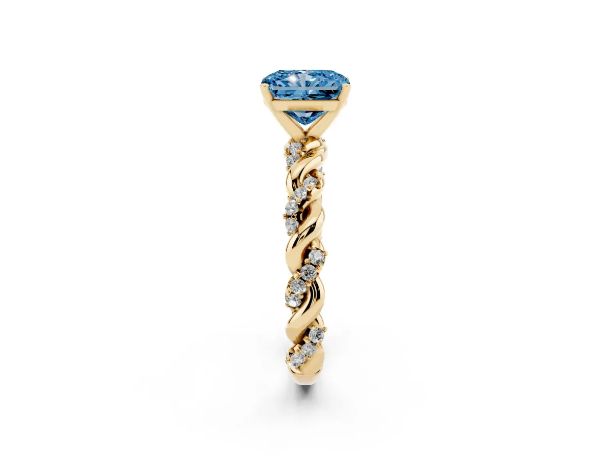 Fancy Blue Radiant Cut Diamond Solitaire Ring with Twisted Band and Pavé Accents Yellow gold