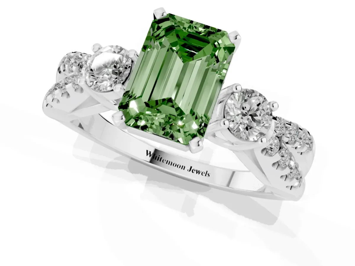 Fancy Green Emerald Cut Diamond Three-Stone Ring with Pavé Split Shank and Four-Prong Setting Silver
